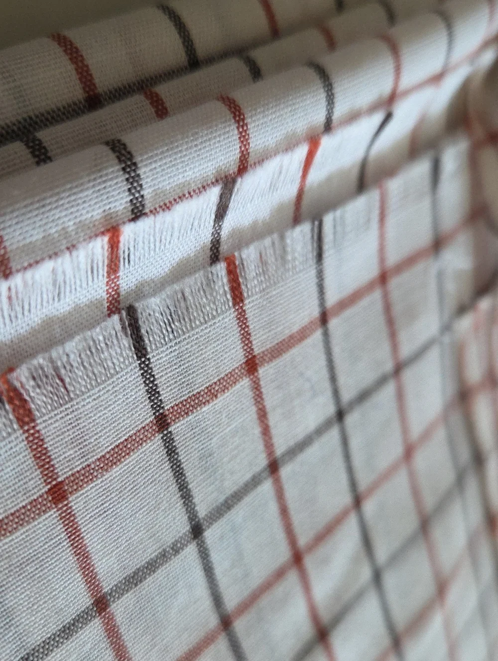 Checker Stripes Vintage Brick Red - Black - Grey - White Sheer Cotton Fabric 3yd